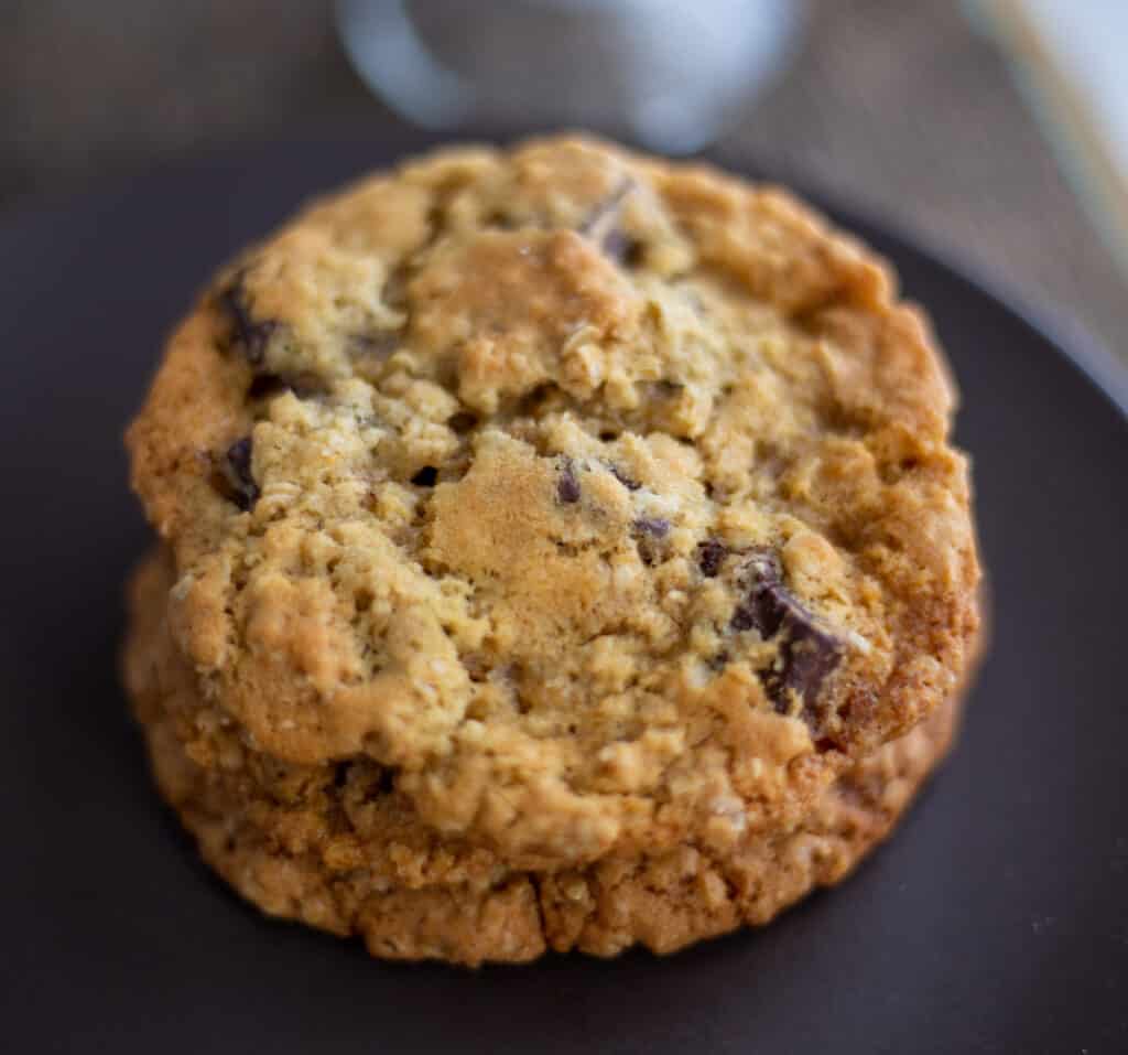 photo of oatmeal chocolate chunk cookie on brown plate