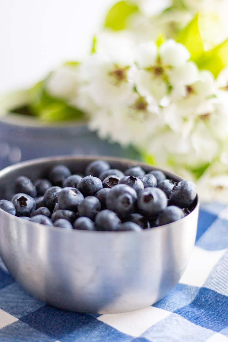 fresh blueberries in silver measuring cup with white pear tree blossoms in background