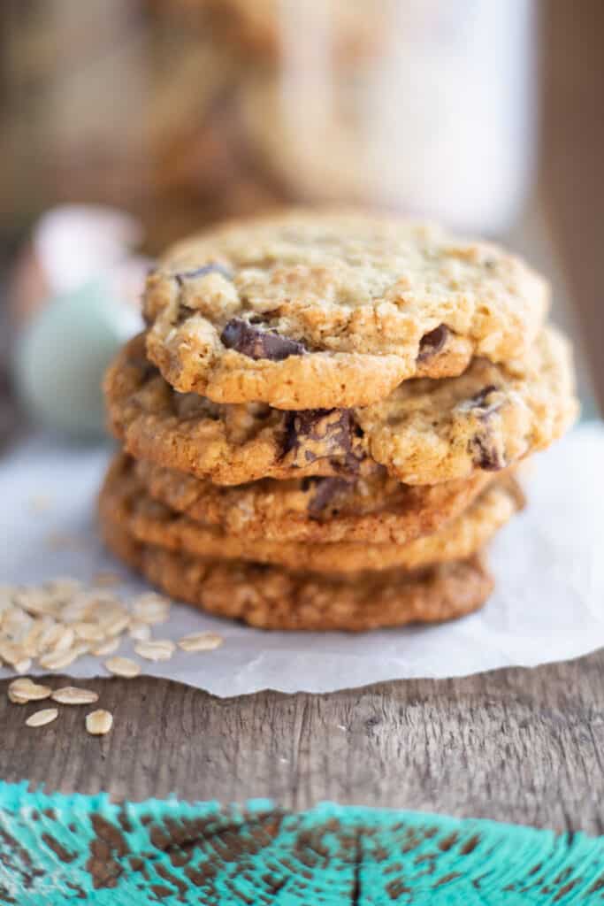 Oatmeal Chocolate Chunk Cookies on parchment paper