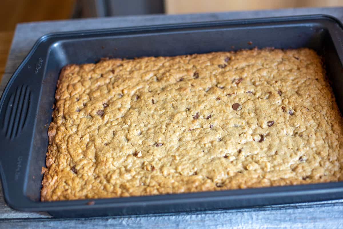 oatmeal chocolate chip and peanut butter squares baked in pan
