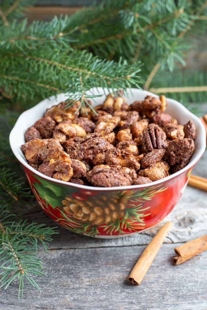 Cinnamon spiced nuts in a bowl.