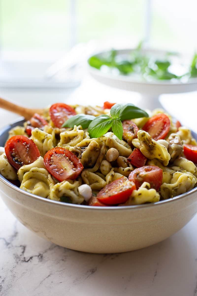Caprese pasta salad in a bowl.
