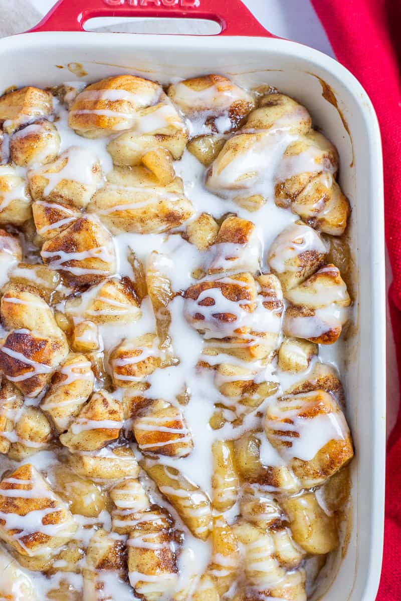 Finished dish of cinnamon roll apple cobbler ready to be served.