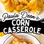 Photo collage with corn casserole ingredients in bowl and served on a plate.