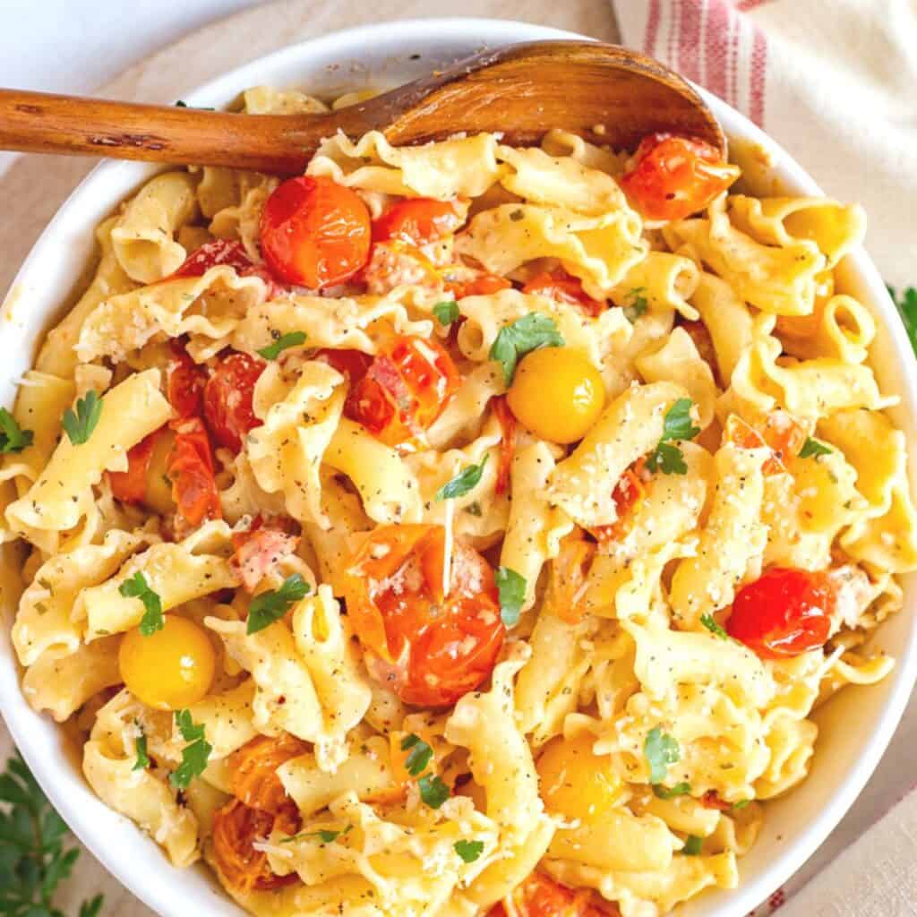 Boursin tiktok pasta in a bowl with a spoon.