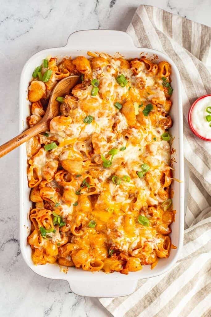 Taco pasta overhead image in casserole dish.