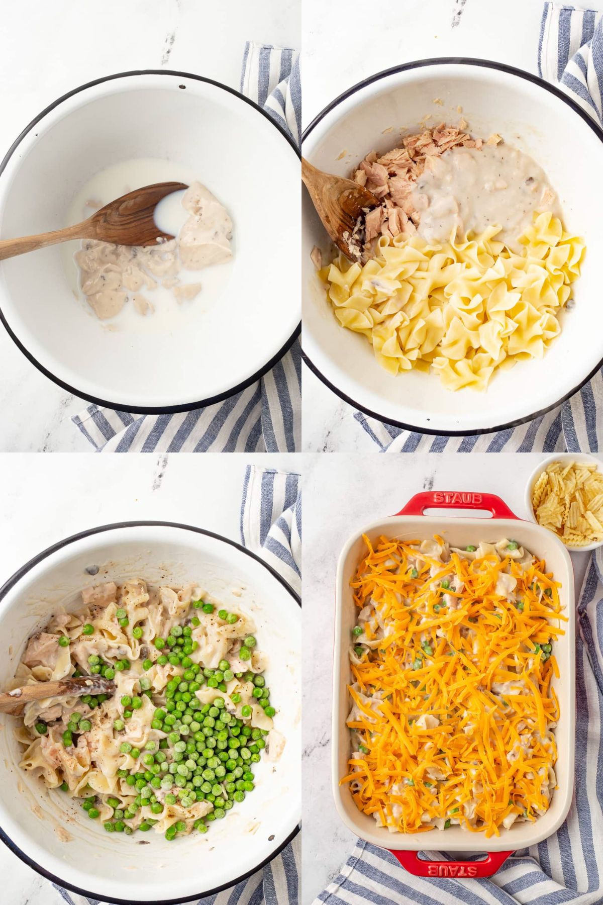 Step by step images for how to make tuna noodle casserole with cream of mushroom soup.