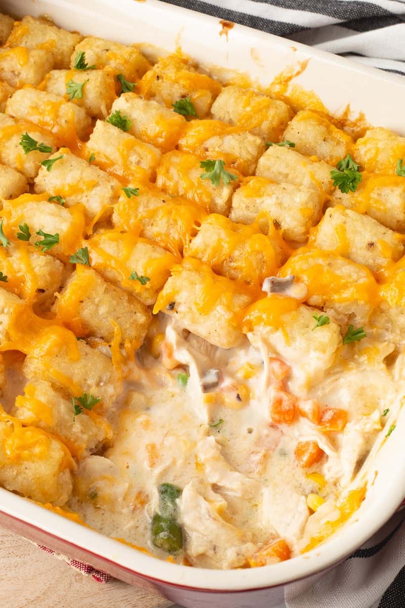 Chicken tater tot casserole in baking dish.