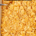 Pineapple casserole in baking dish.