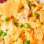 Tuna casserole on a white plate.