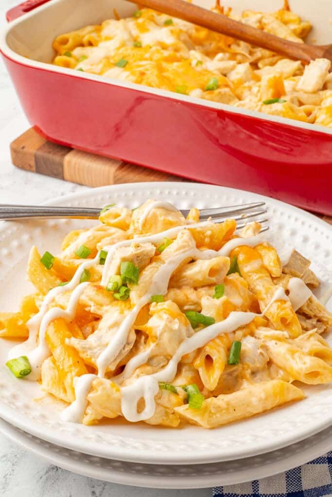Buffalo chicken pasta on a white plate.