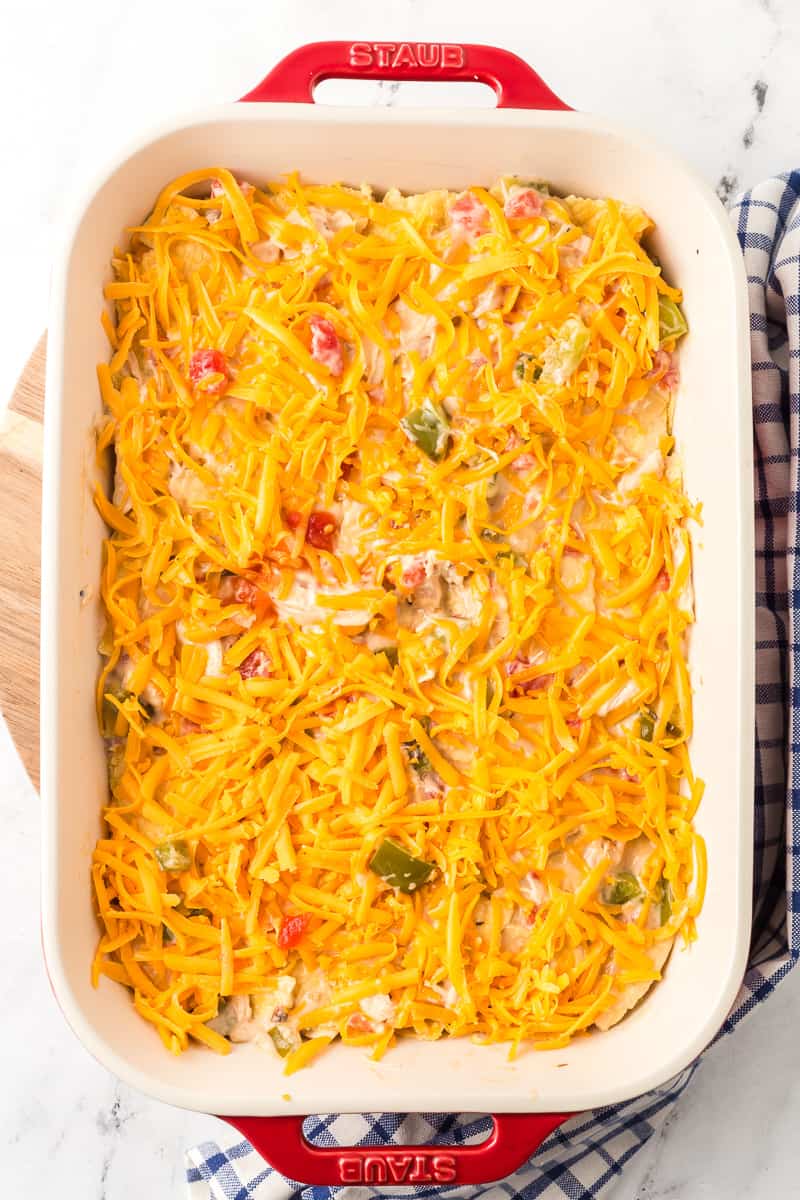 Cheesy chicken casserole ready to go into the oven.