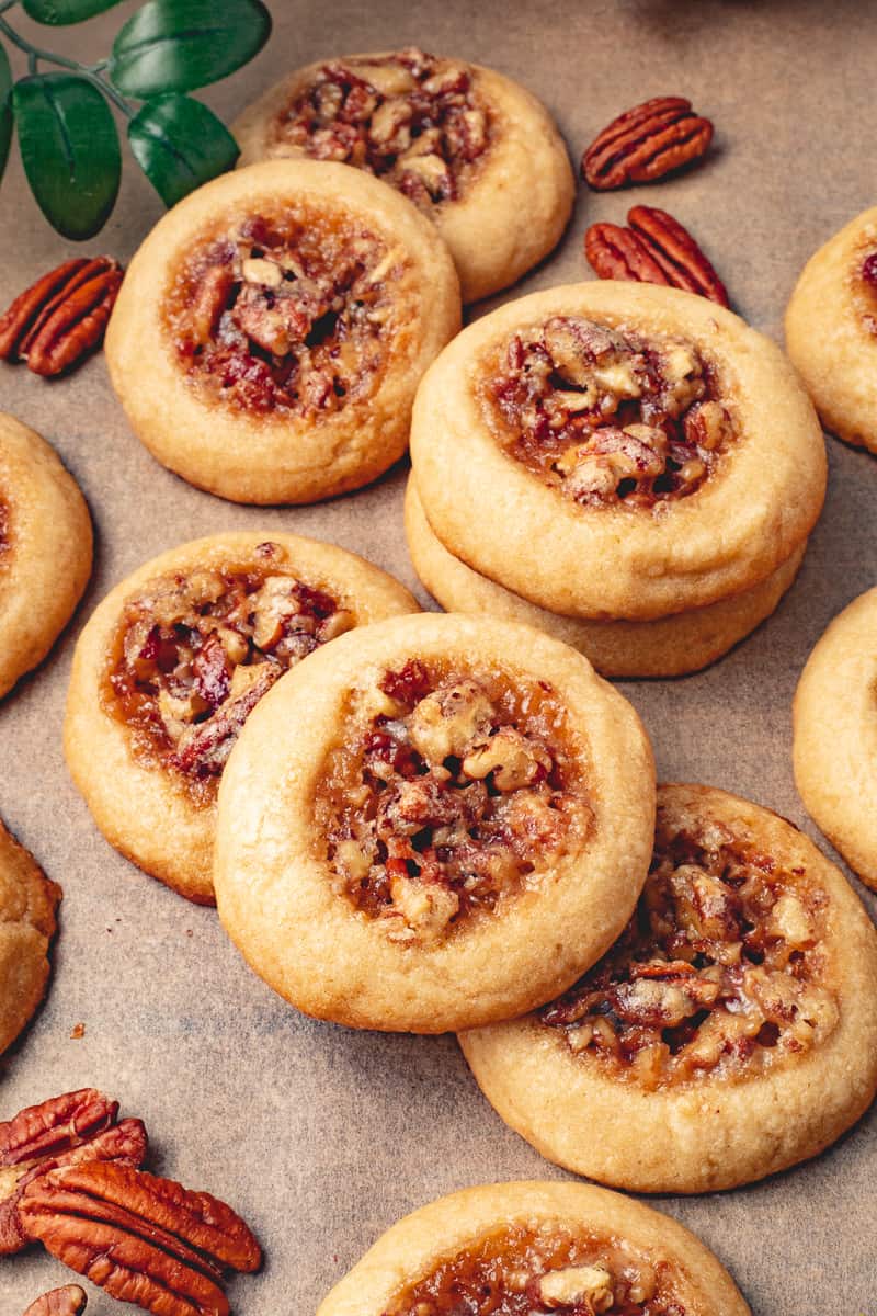 Pecan pie cookies on parchment paper.