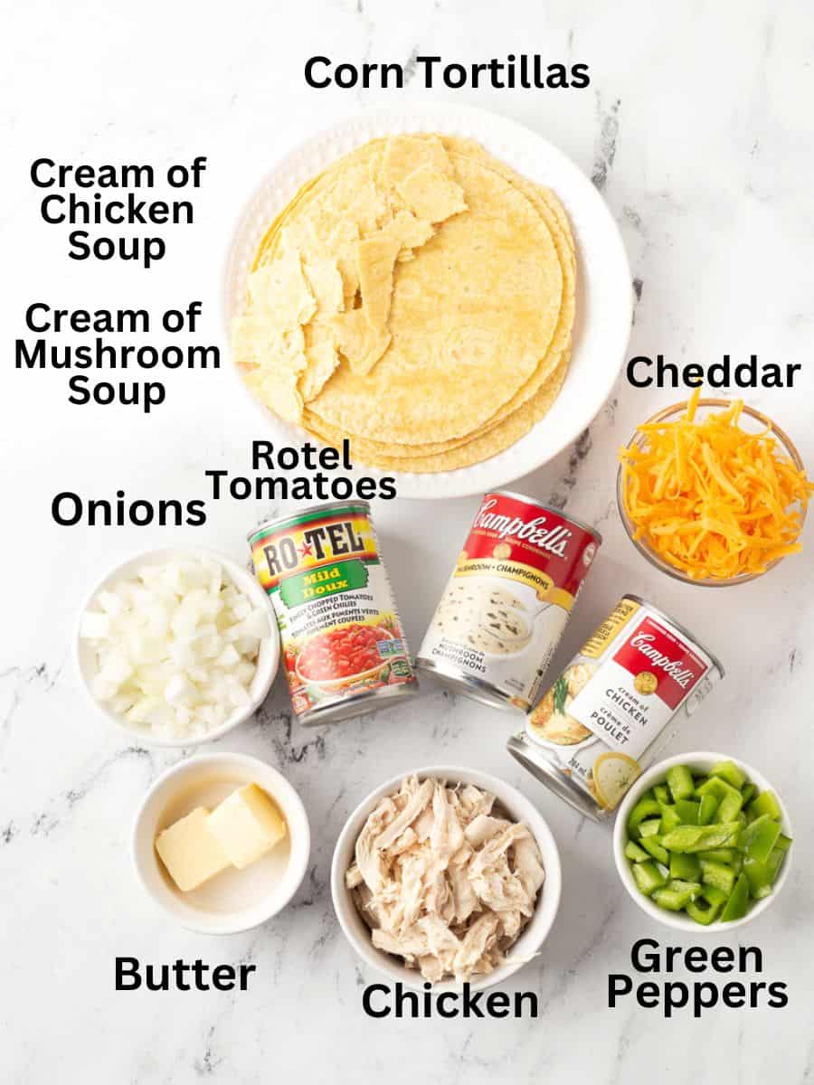 Labelled ingredients for chicken casserole recipe.
