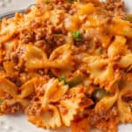 Sloppy joe casserole on a white plate.