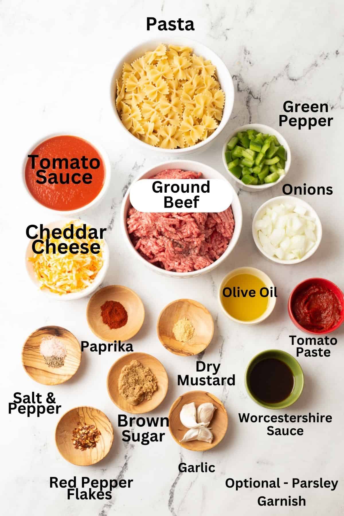 Labelled ingredients for sloppy joe casserole.