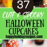 Photo collage of halloween cupcakes with text overlay.