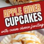 Photo collage with apple cider cupcakes on a plate.