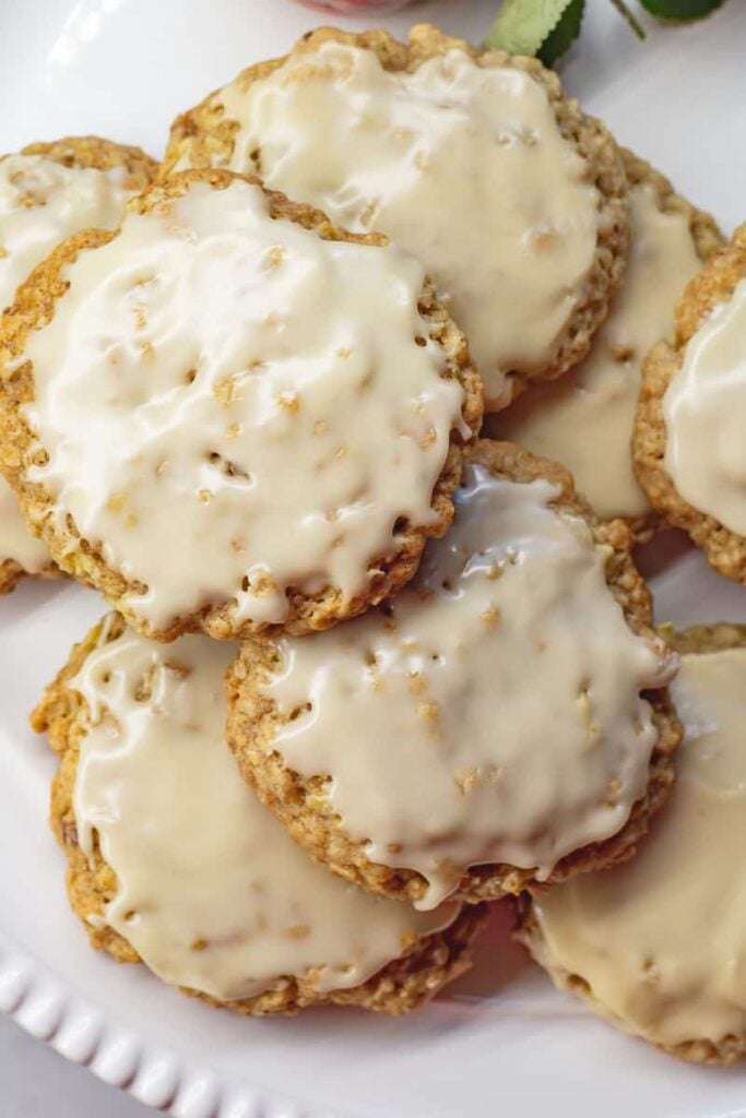 Apple oat cookies on a white plate.