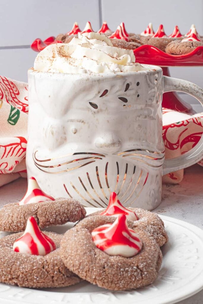 Chocolate peppermint blossom cookies on a white plate.