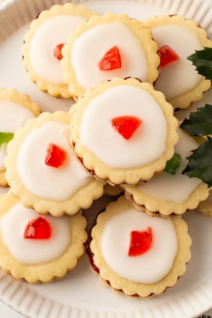 Overhead image of empire cookies on a white plate.