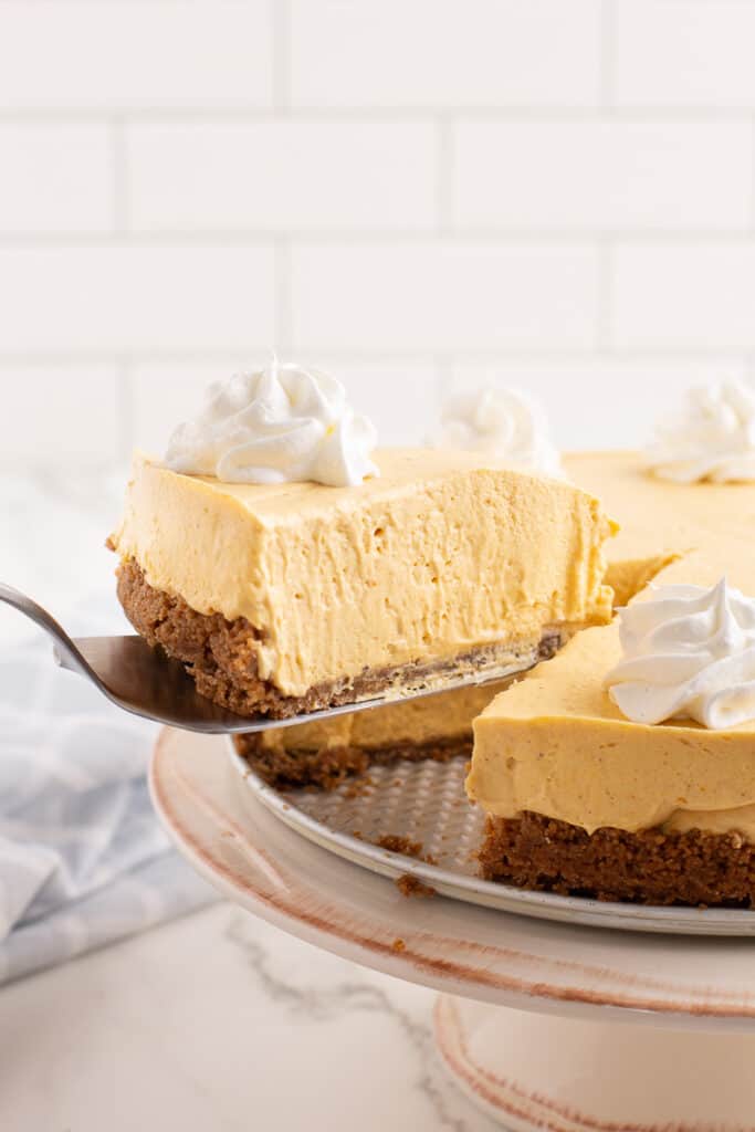 No bake pumpkin cheesecake on server held over cheesecake.