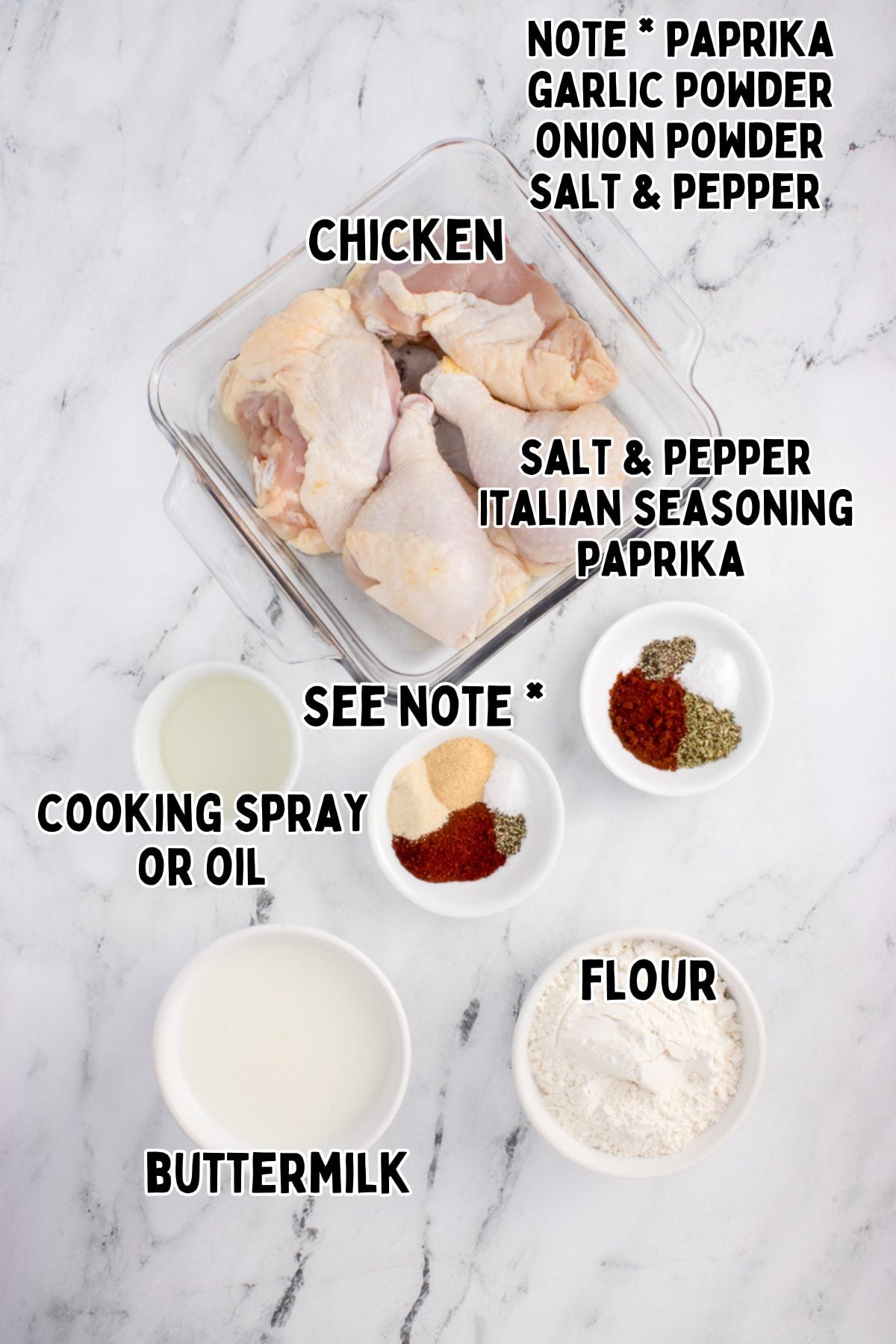 Labelled ingredients for recipe with text overlay.