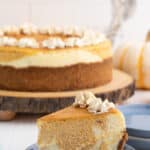 Pumpkin swirl cheesecake on a plate.