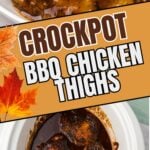 Photo collage with bbq chicken thighs.