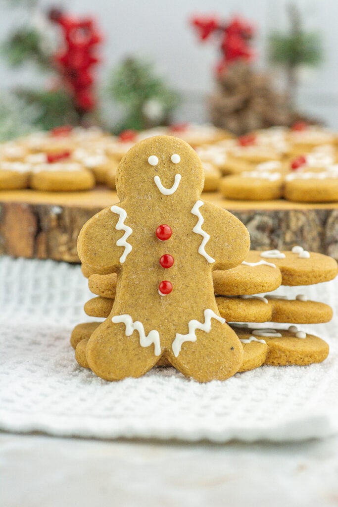 Gingerbread cookies standing on a plate.