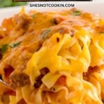 Beef noodle casserole scooped up on serving spoon held over dish.