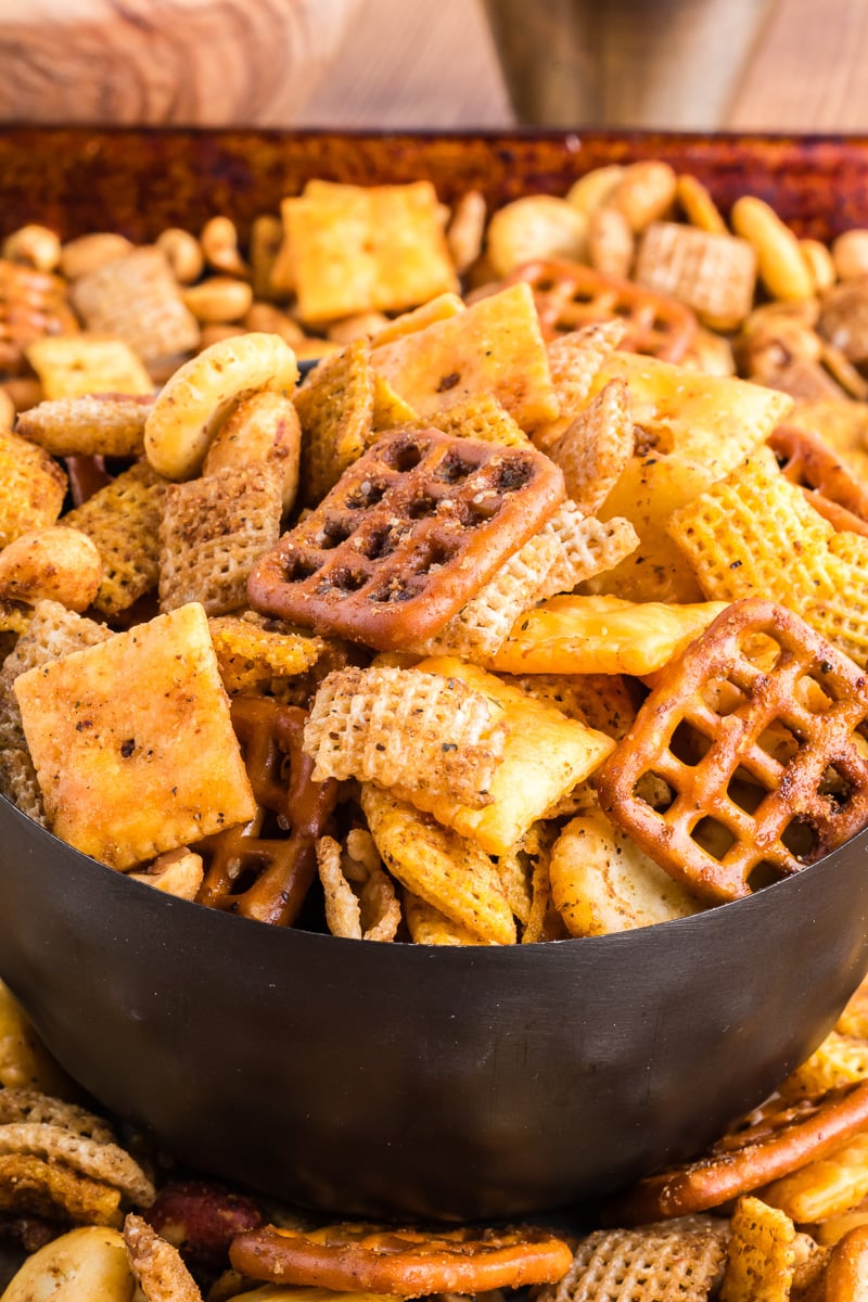 Movie night Chex mix in a small bowl.