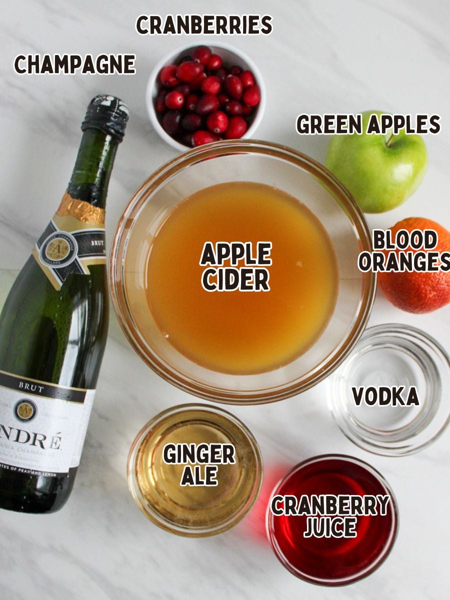 Labelled ingredients for Christmas punch recipe.