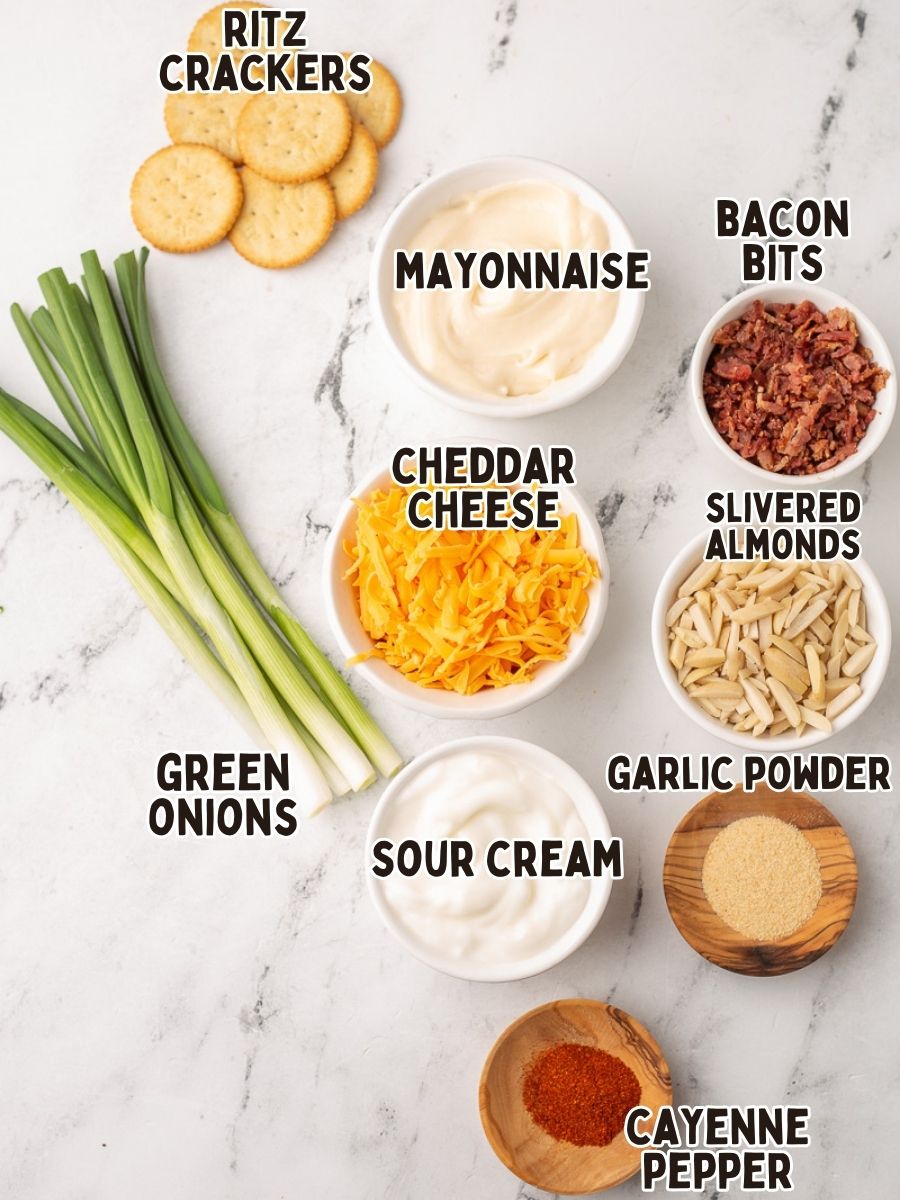 Million dollar dip ingredients with text overlay.