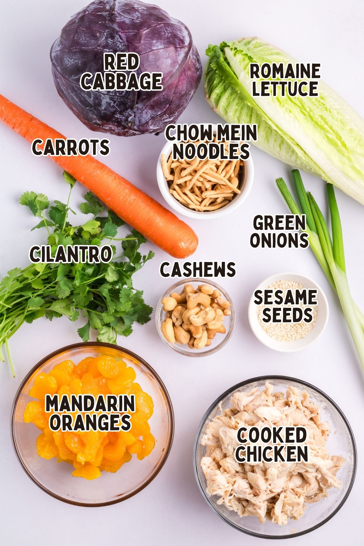 Labelled ingredients for salad.