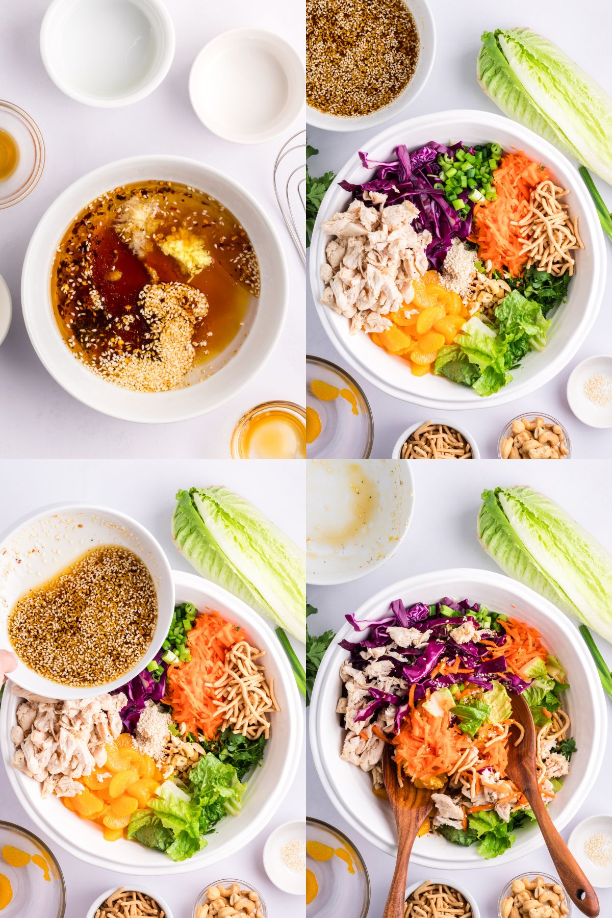 Step by step images for how to make Chinese chicken salad.