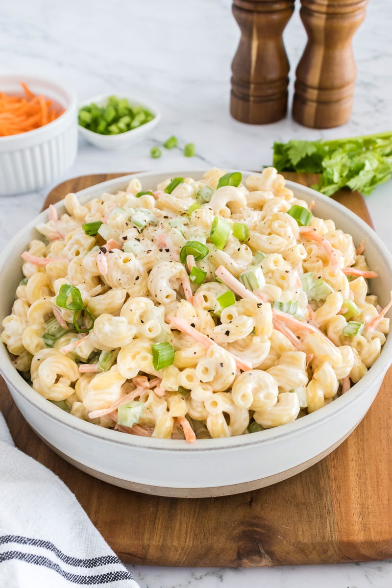 Macaroni salad in a bowl.