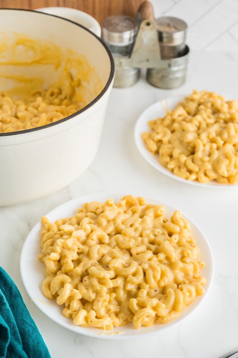 Stovetop mac and cheese on a white plate.