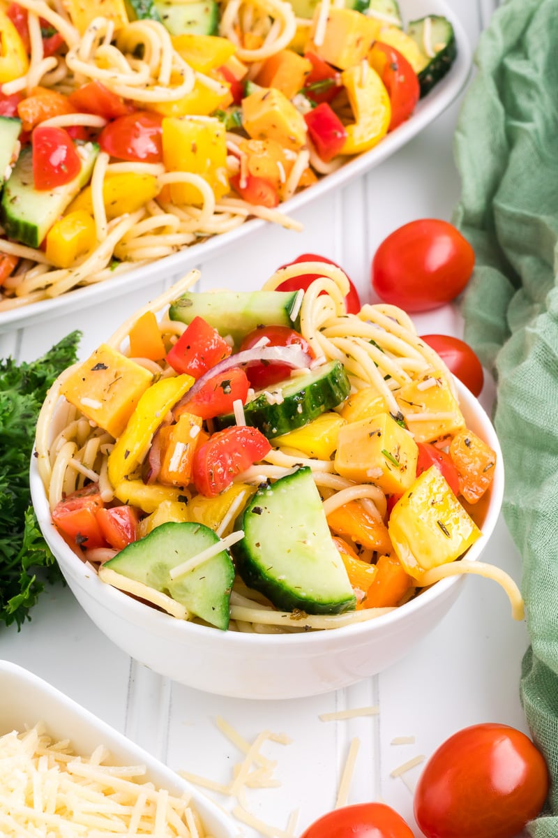 Finished dish of spaghetti pasta salad.