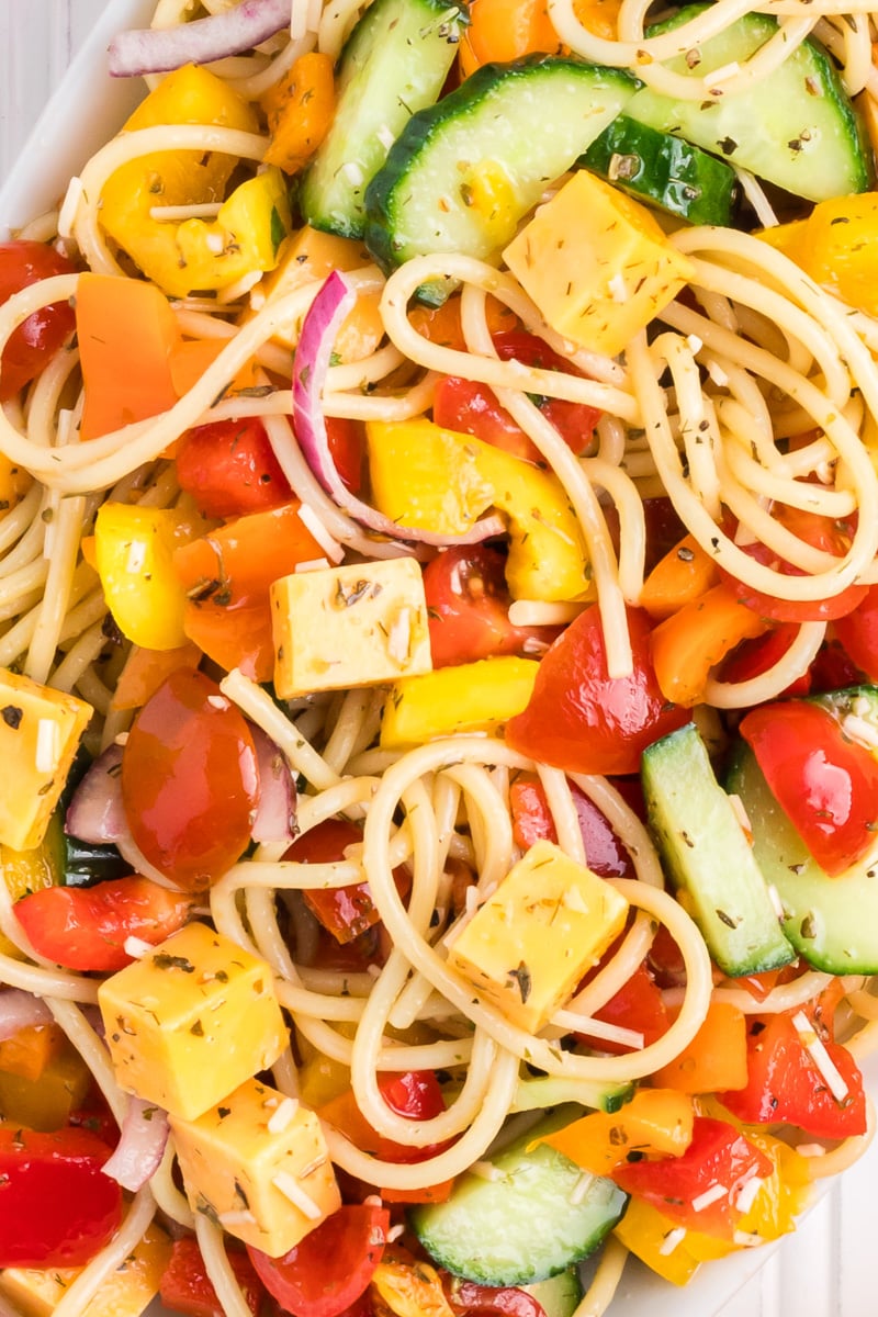 Close up image of spaghetti pasta salad.