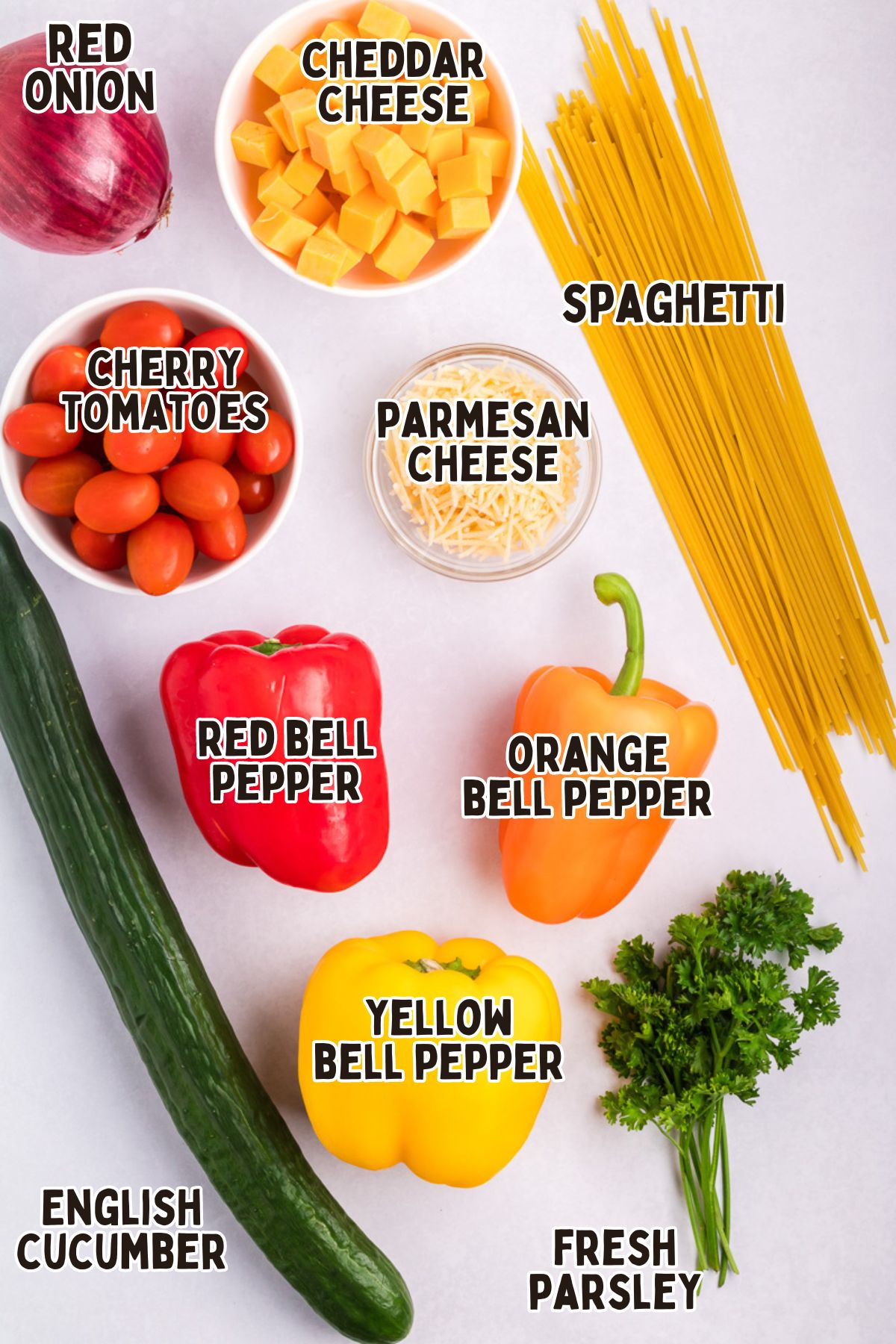 Labelled ingredients for spaghetti pasta salad remaining salad ingredients.
