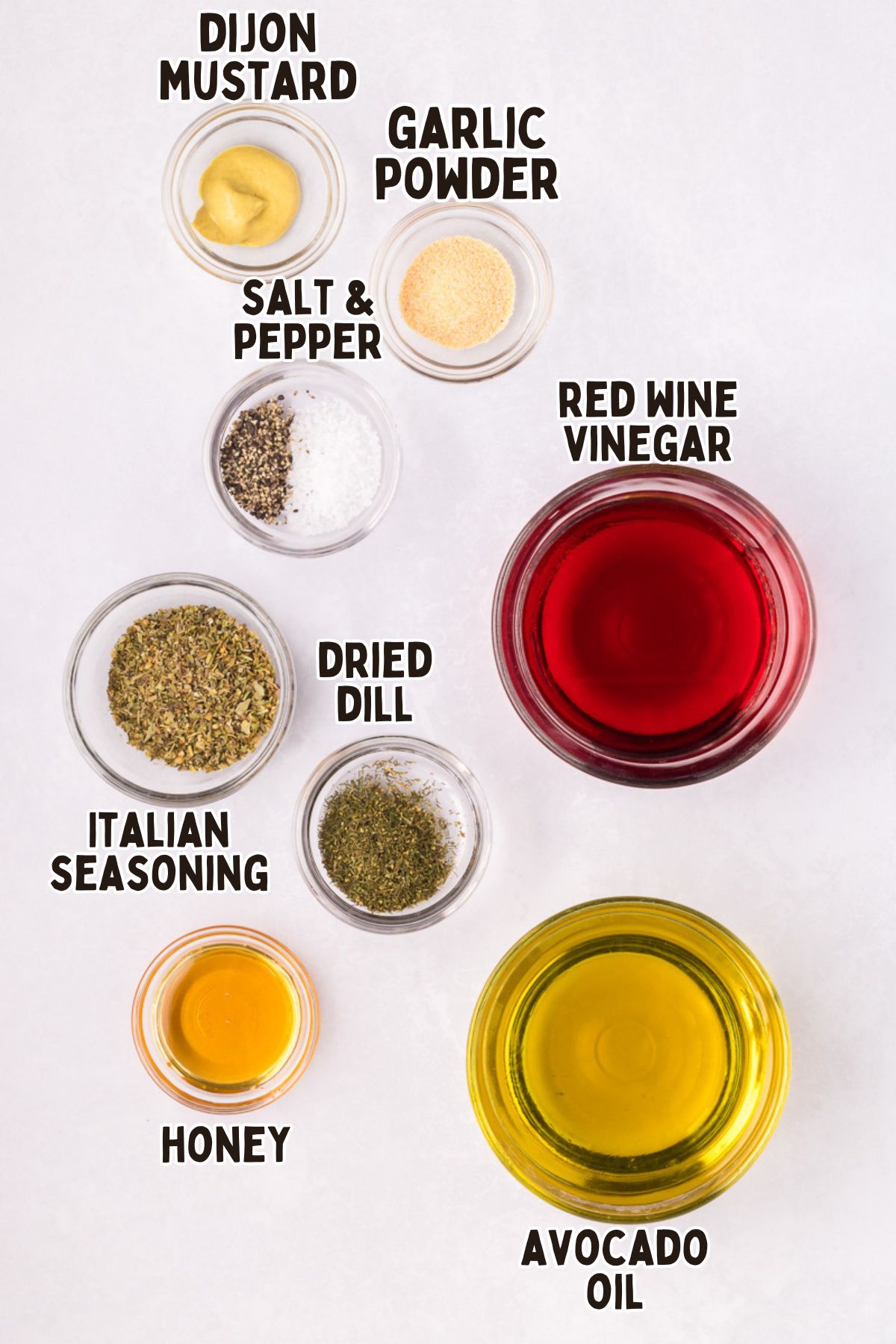 Labelled ingredients for spaghetti pasta salad dressing.