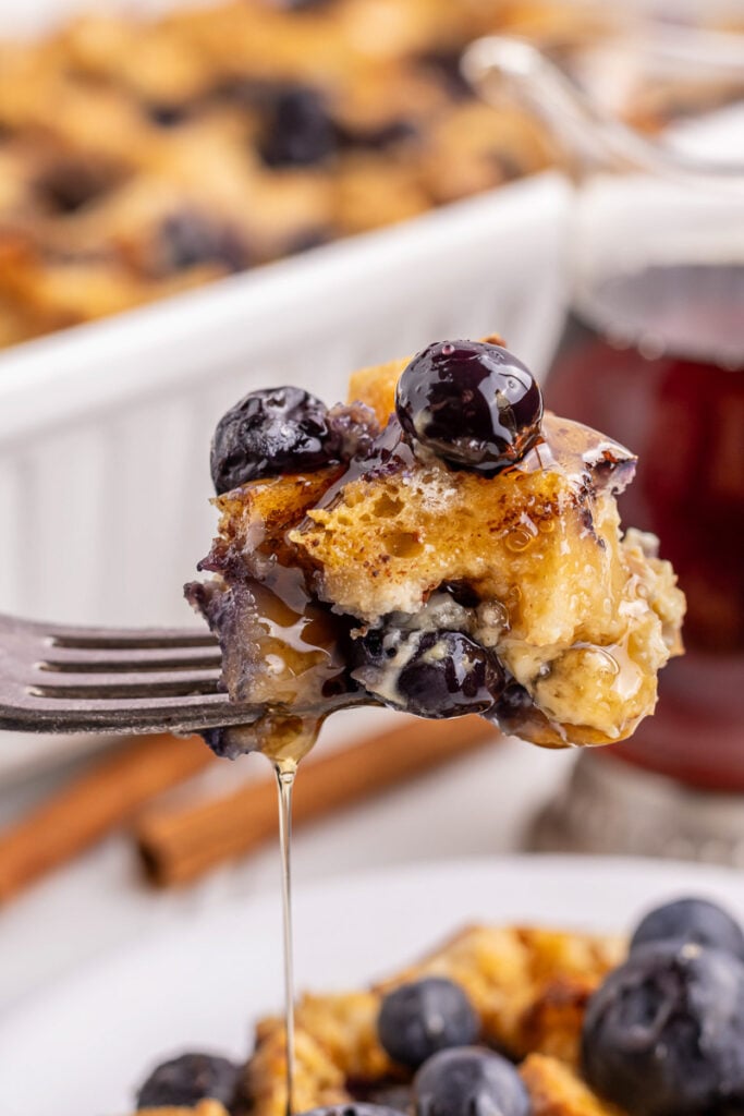 Bite shot of blueberry french toast casserole.