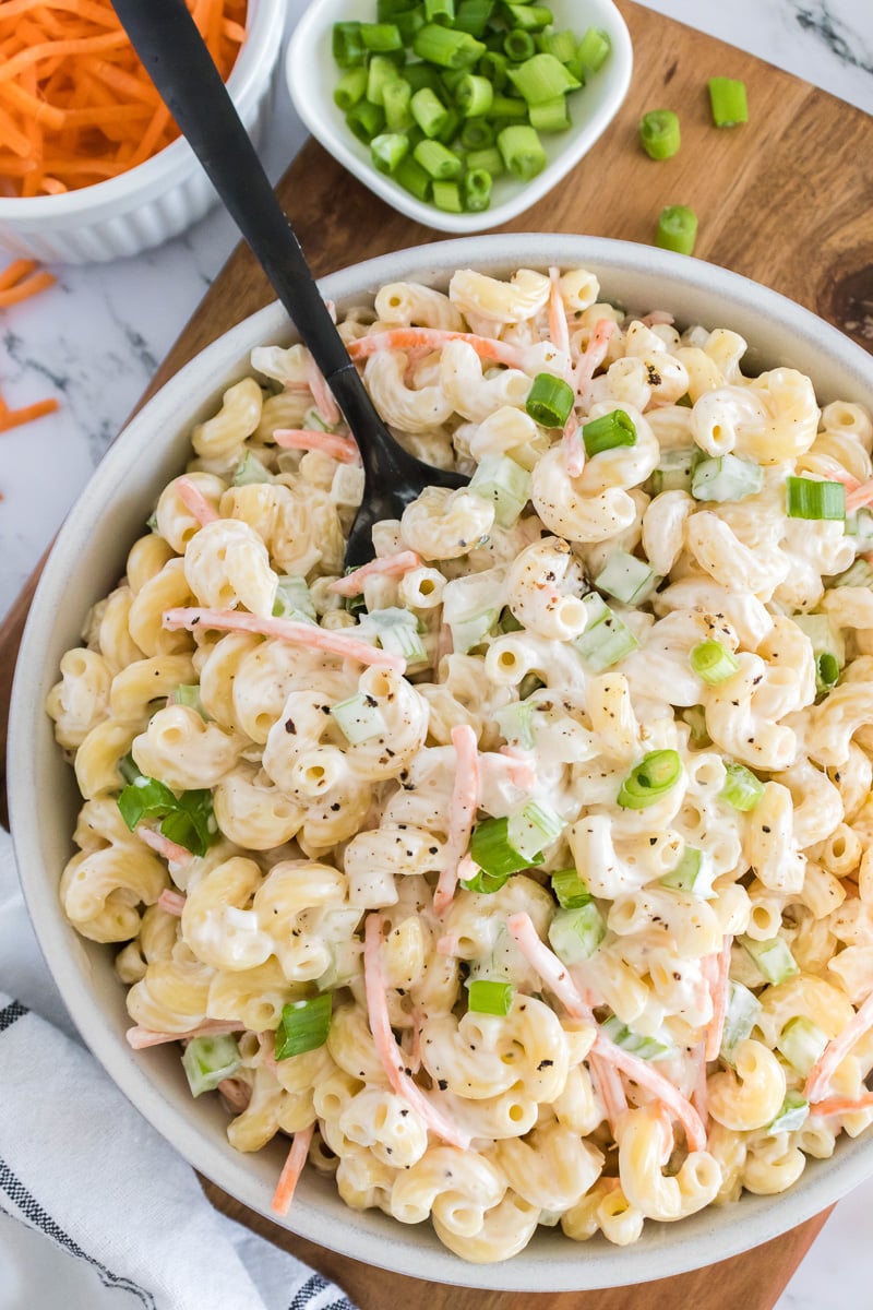 Hawaiian macaroni salad in a white bowl.