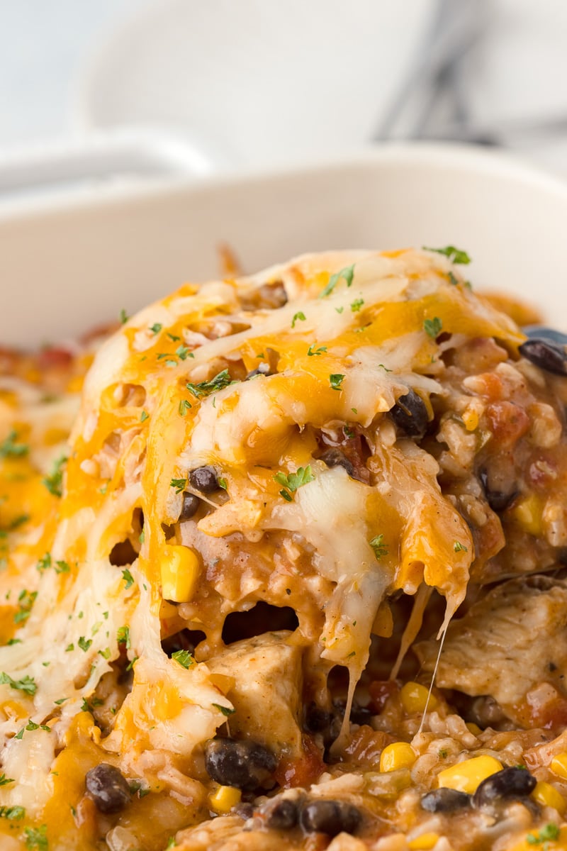 Scooop of Mxican chicken and rice casserole
