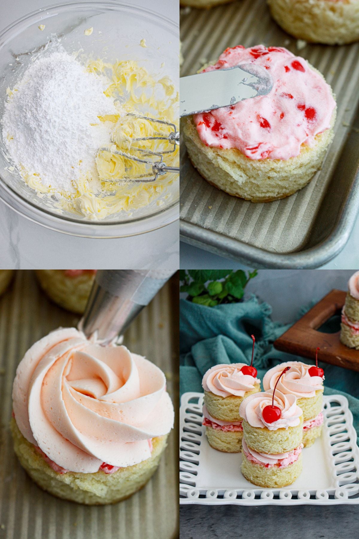 Step by step photos for how to make the frosting and to assemble the layer cakes.
