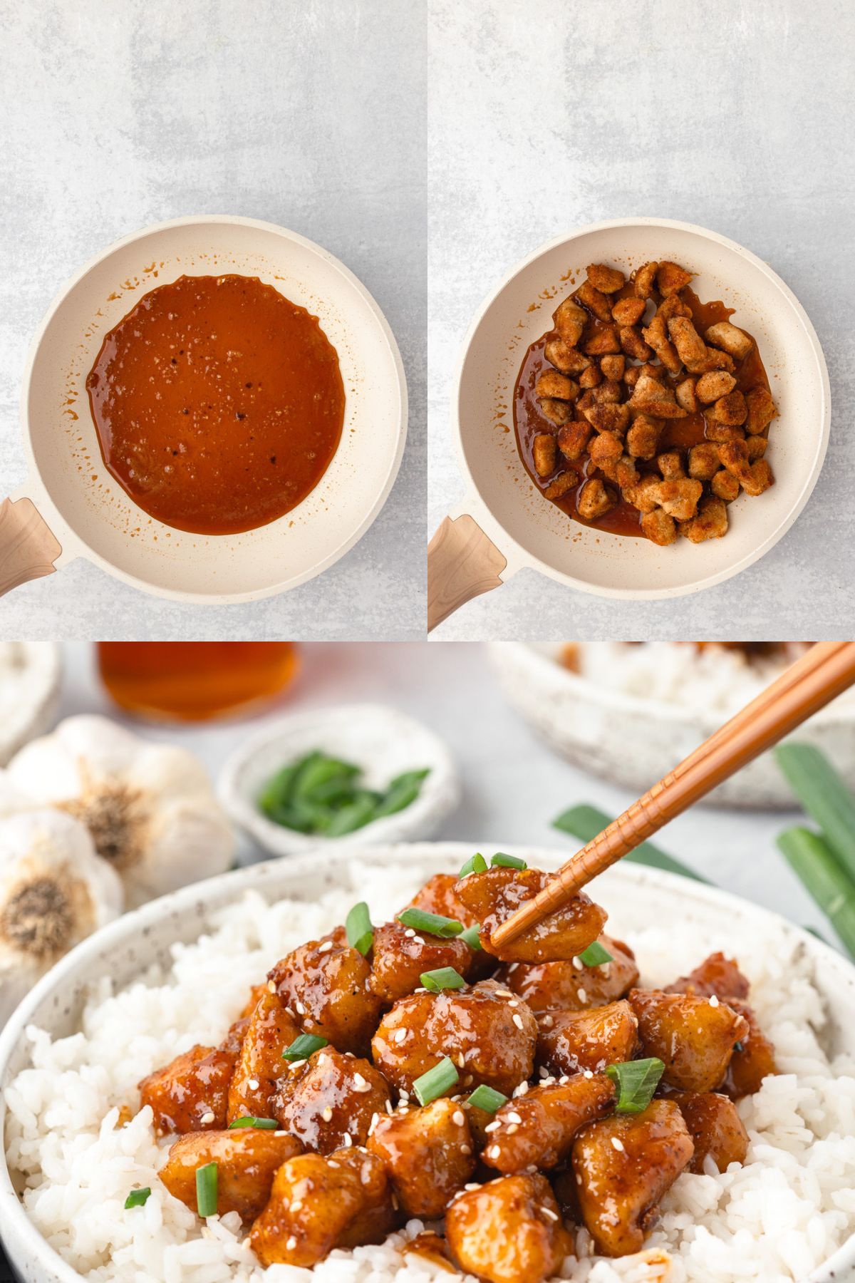 Step by step images for how to make honey garlic chicken bites.