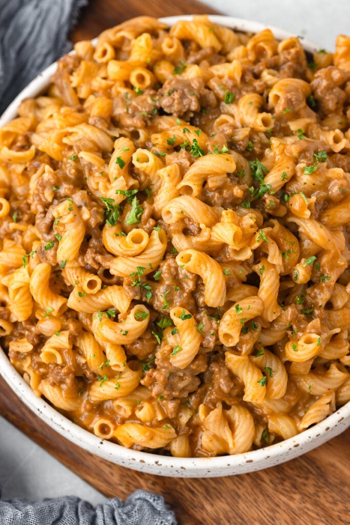 Homemade hamburger helper in white bowl.