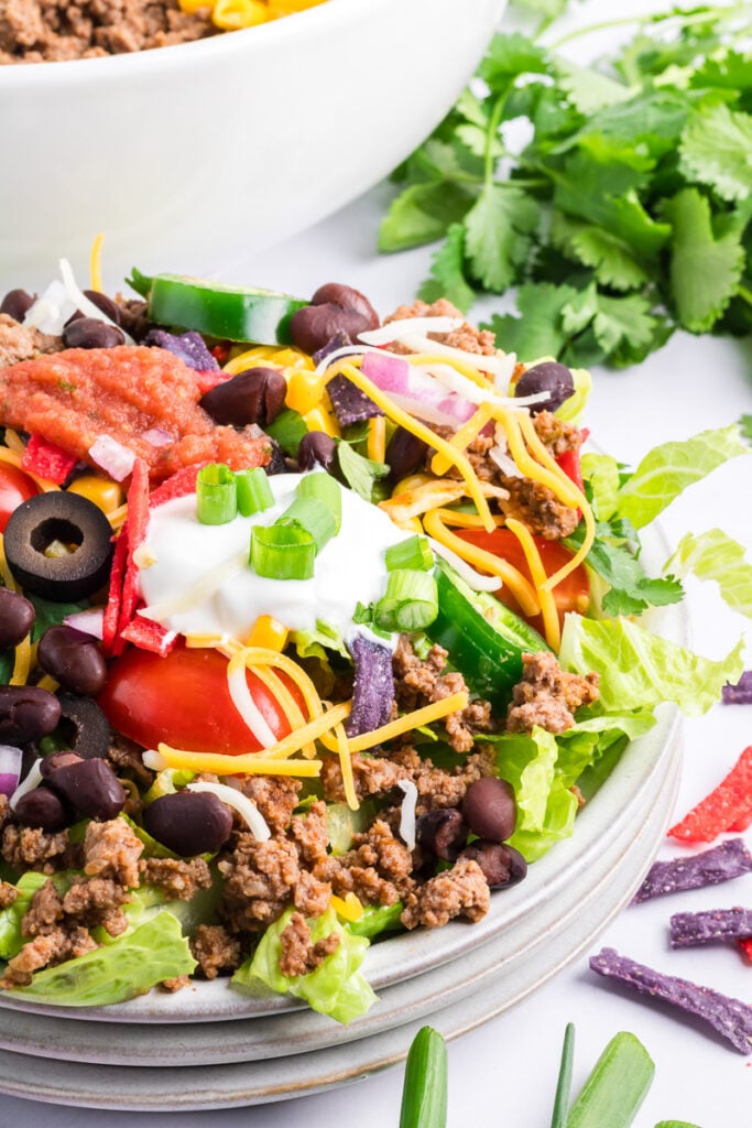 Beef taco salad on a white plate.