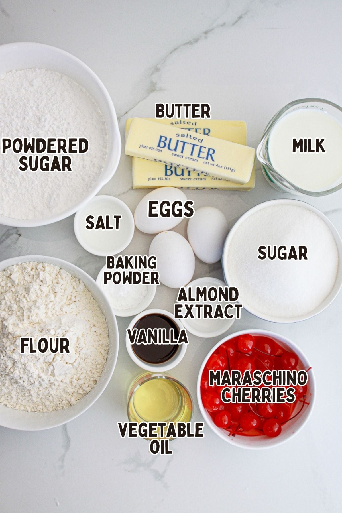 Labelled ingrdients for cherry almond layer cakes.